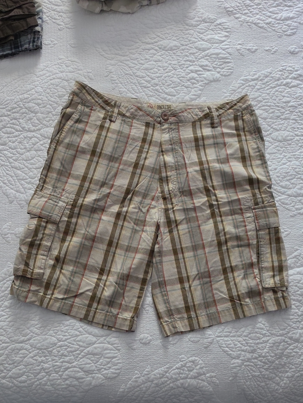 Dockers Plaid Cargo Shorts in Tan, Olive and Red Stripe